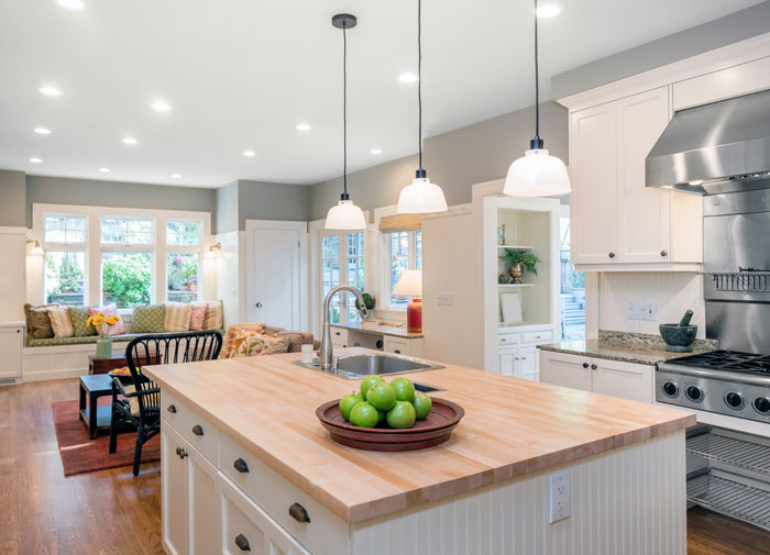 A bright kitchen with a large island
